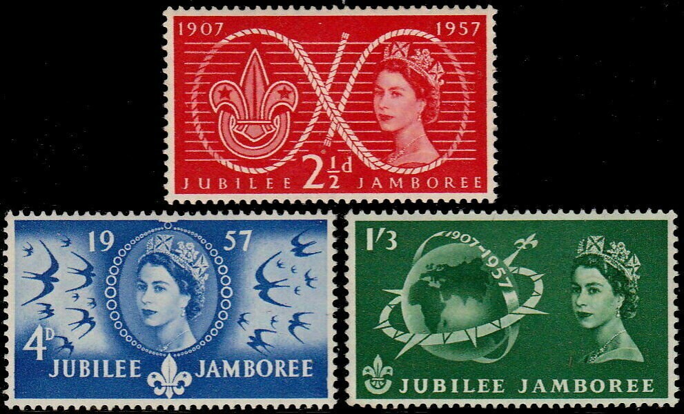 World Scout Jubilee Jamboree Set of Three Great Britain Postage Stamps Issued 1957 World Scout Jubilee Jamboree Set of Three Great Britain Postage Stamps Issued 1957