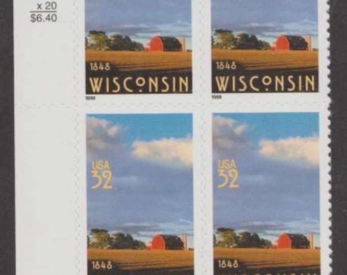1998 Wisconsin Plate Block of Four 32-Cent US Postage Stamps Mint Never Hinged