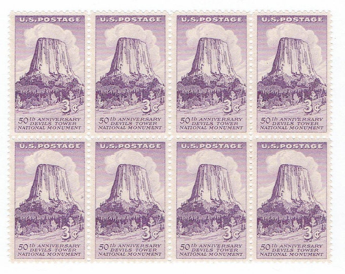 1956 Devils Tower Block of Eight 3-Cent US Postage Stamps Mint Never Hinged