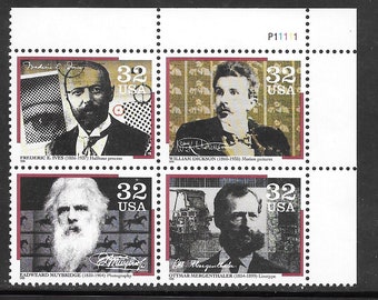 1996 Pioneers of Communication Plate Block of Four 32-Cent US Postage Stamps Mint Never Hinged