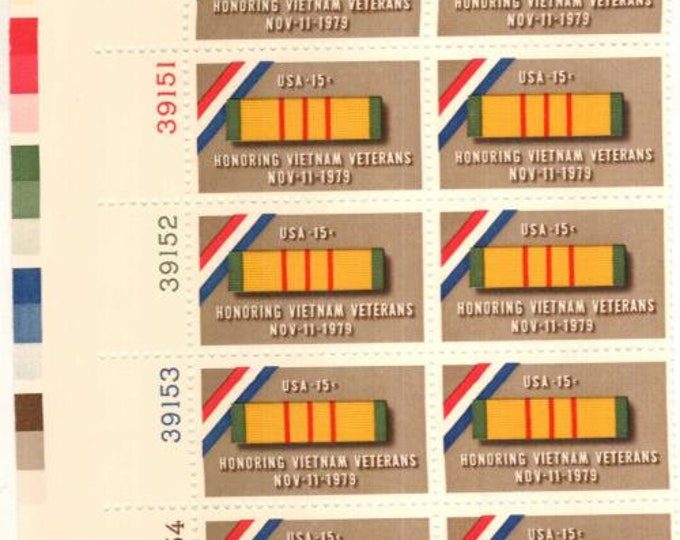 1979 Viet Nam Veterans Plate Block of Ten 15-Cent United States Postage Stamps Issued 1979