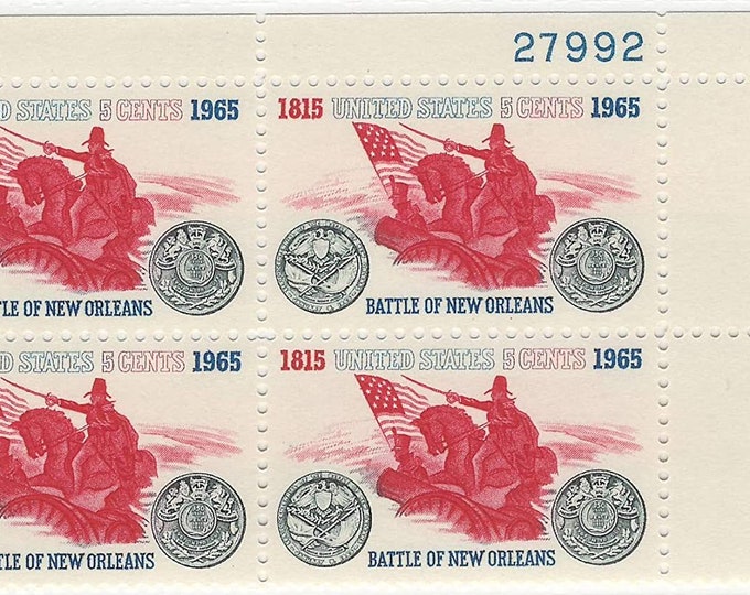 Battle of New Orleans Plate Block of Four 5-Cent United States Postage Stamps Issued 1965