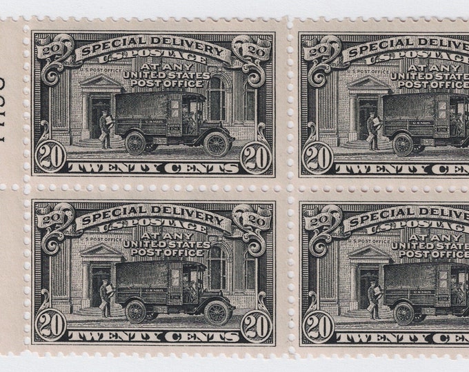 1951 Post Office Truck Plate Block of Four 20-Cent United States Special Delivery Postage Stamps