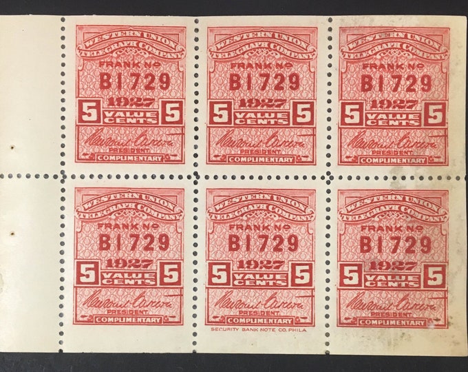 Western Union Telegraph Co Booklet Pane of Six 5-Cent Carmine Stamps Issued 1927
