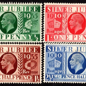 May include: A collection of four vintage postage stamps commemorating the Silver Jubilee of 1935. Each stamp features a portrait of a man, with text indicating the denomination and year. Colors include green, red, maroon, and blue.