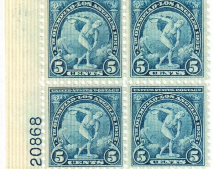 Olympic Discus Thrower Plate Block of Four 5-Cent United States Postage Stamps Issued 1932