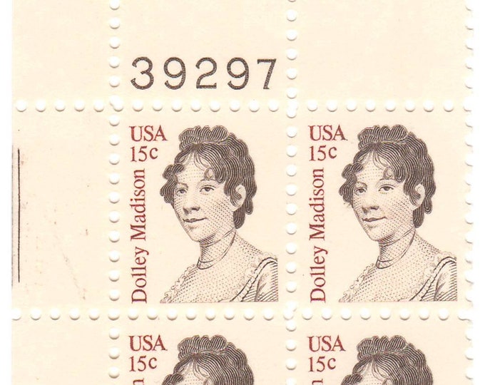 1980 Dolley Madison Plate Block of Four 15-Cent United States Postage Stamps