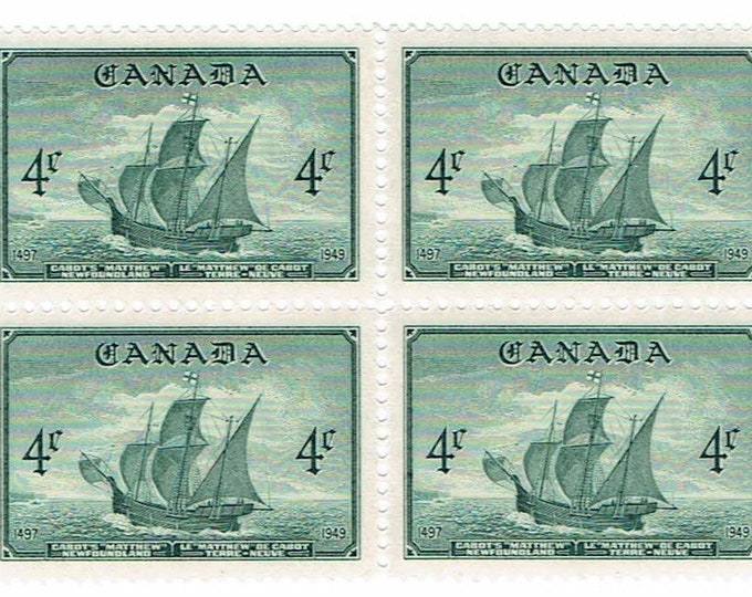 1949 John Cabot Ship Block of Four Canada Postage Stamps Mint Never Hinged