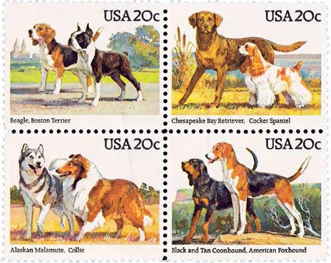 American Dog Breeds Block of Four 20-Cent United States Postage Stamps Issued 1984