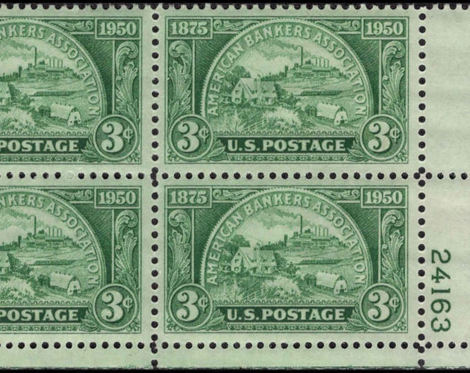1950 American Bankers Association Plate Block of Four 3-Cent US Postage Stamps Mint Never Hinged