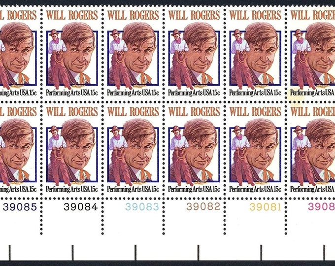 Will Rogers Plate Block of Twelve 15-Cent United States Postage Stamps Issued 1980