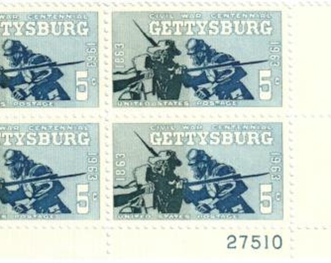 Gettysburg Plate Block of Four 5-Cent United States Postage Stamps Issued 1963