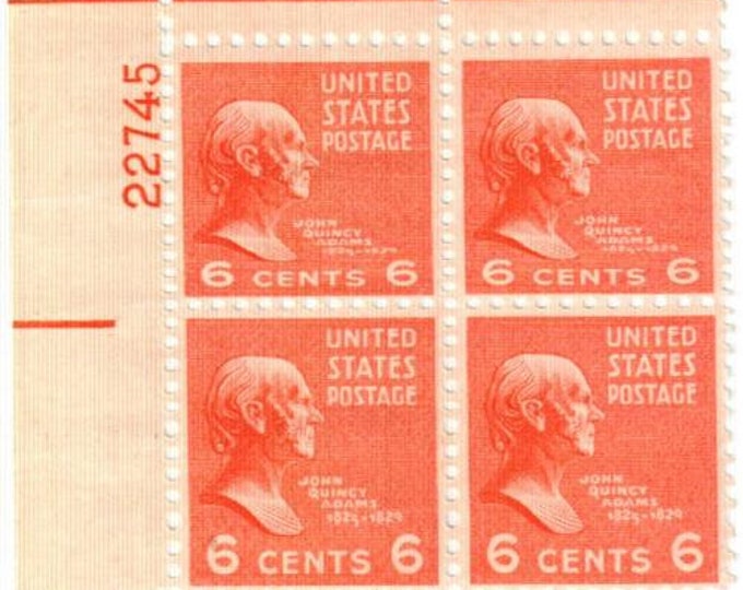 John Quincy Adams Plate Block of Four 6-Cent US Postage Stamps Issued 1938