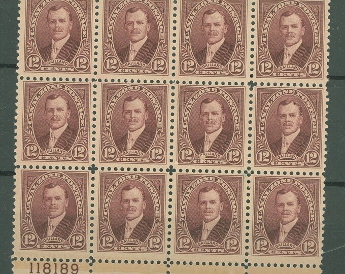 David du Bose Gaillard Block of Twelve Canal Zone Postage Stamps Issued 1929