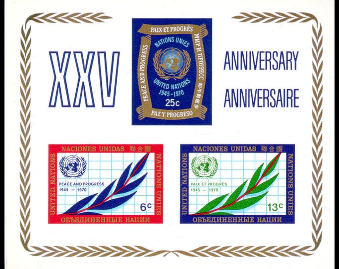 1970 UN Emblem and Olive Branch United Nations 25th Anniversary Souvenir Sheet of Two Postage Stamps Mint Never Hinged