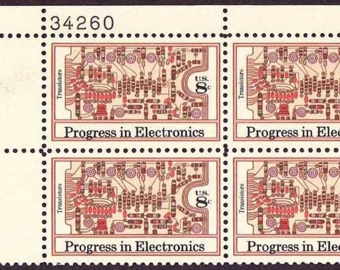 Transistors and Printed Circuit Board Plate Block of Four 8-Cent United States Postage Stamps Issued 1973