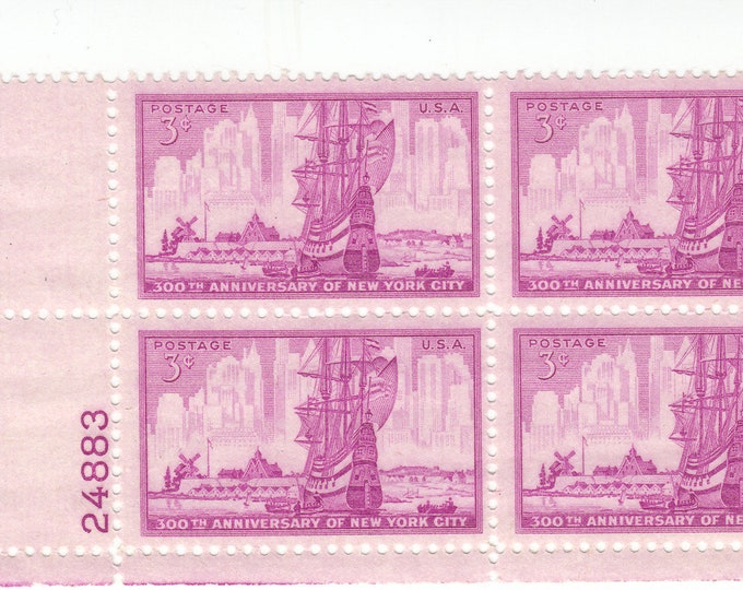 1953 300th Anniversary of New York City Plate Block of Four 3-Cent US Postage Stamps