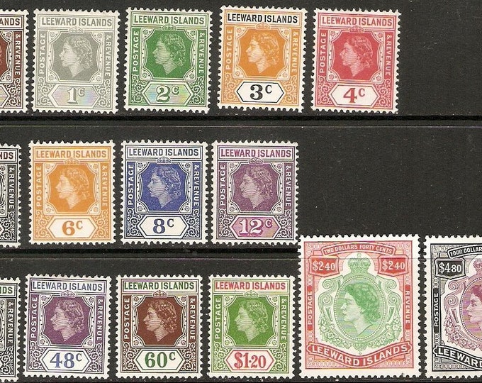 Queen Elizabeth II Set of Fifteen Leeward Islands Postage Stamps Issued 1954