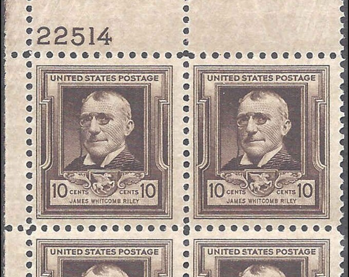 1940 James Whitcomb Riley Plate Block of Four 10-Cent US Postage Stamps Mint Never Hinged