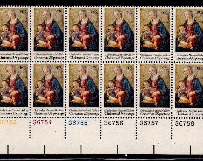 1975 Madonna and Child Plate Block of Twelve 10-Cent USA Postage Stamps Mint Never Hinged