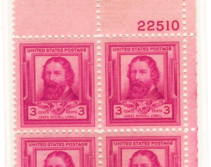 James Russell Lowell Plate Block of Four 3-Cent United States Postage Stamps Issued 1940