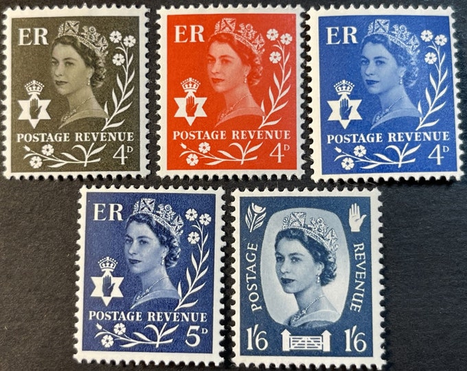 Queen Elizabeth II Set of Five Northern Ireland Regional Issue Postage Stamps Issued 1968-1969
