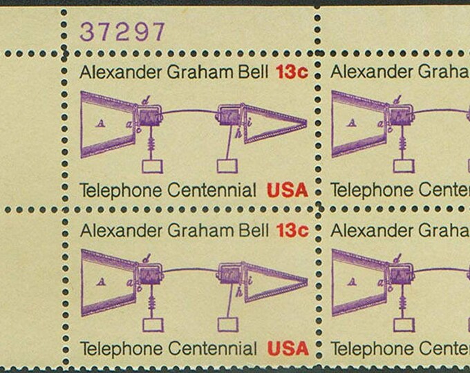 Telephone Centennial Plate Block of Four 13-Cent United States Postage Stamps Issued 1976