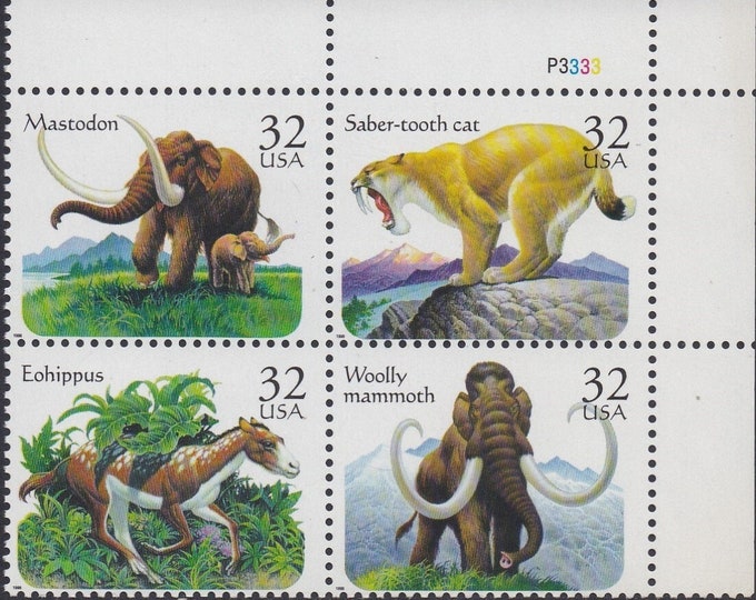 Prehistoric Animals Plate Block of Four 32-Cent US Postage Stamps Issued 1996