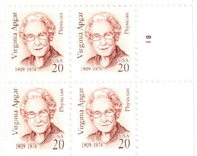 1994 Virginia Apgar Plate Block of Four 20-Cent United States Postage Stamps