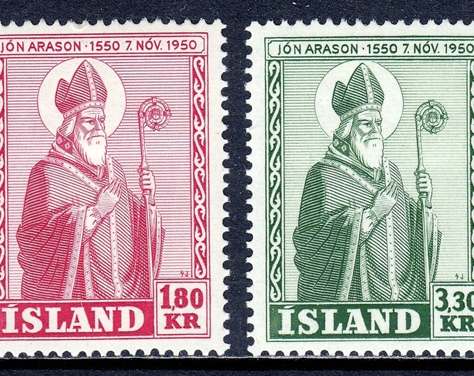 Bishop Arason Set of Two Iceland Postage Stamps Issued 1950