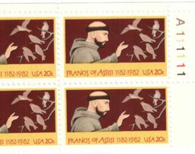Francis of Assisi Plate Block of Four 20-Cent United States Postage Stamps Issued 1982