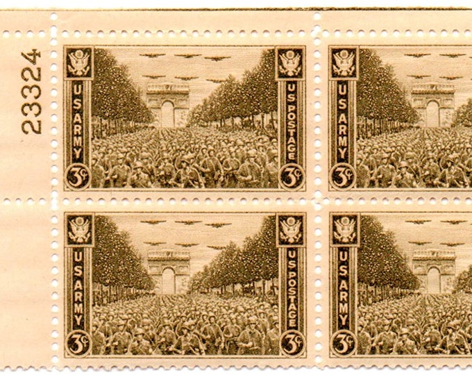 US Army Plate Block of Four 3-Cent United States Postage Stamps Issued 1945