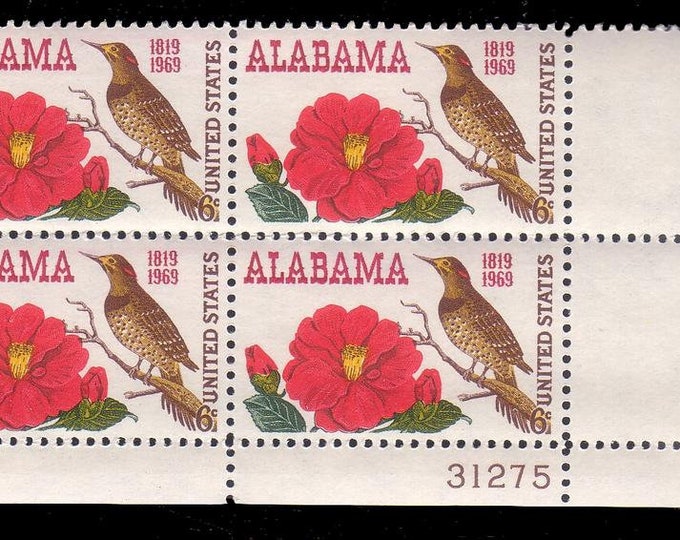 1969 Alabama Statehood Plate Block of Four United States 6-Cent Postage Stamps