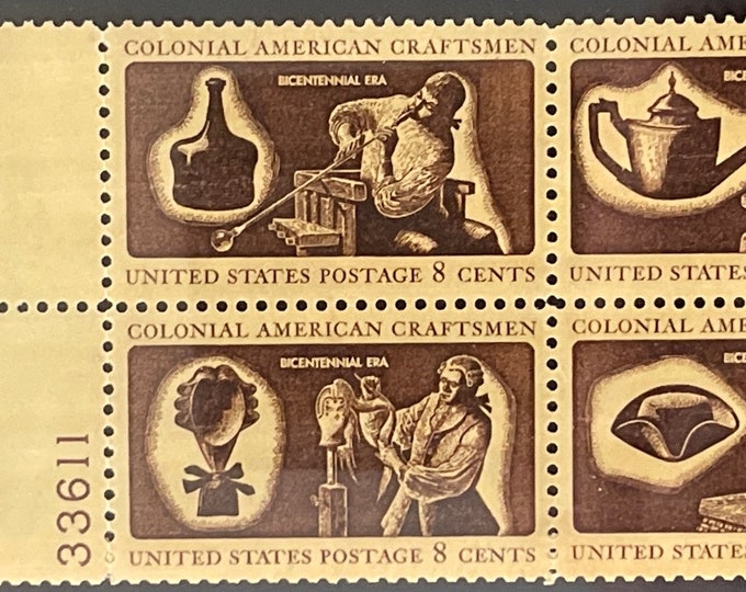 1972 Colonial American Craftsmen Plate Block of Four 8-Cent US Postage Stamps Mint Never Hinged
