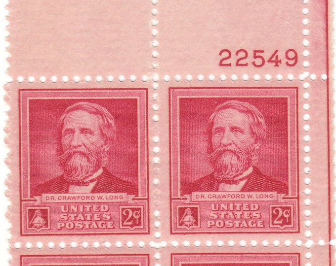 1940 Famous Americans Dr Crawford W Long Plate Block of Four 2-Cent US Postage Stamps Mint Never Hinged
