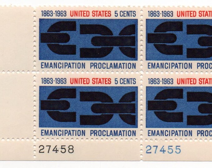 1963 Emancipation Proclamation Plate Block of Four 5-Cent United States Postage Stamps