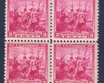 1938 Landing of Swedes and Finns Block of Four 3-Cent US Postage Stamps Mint Never Hinged