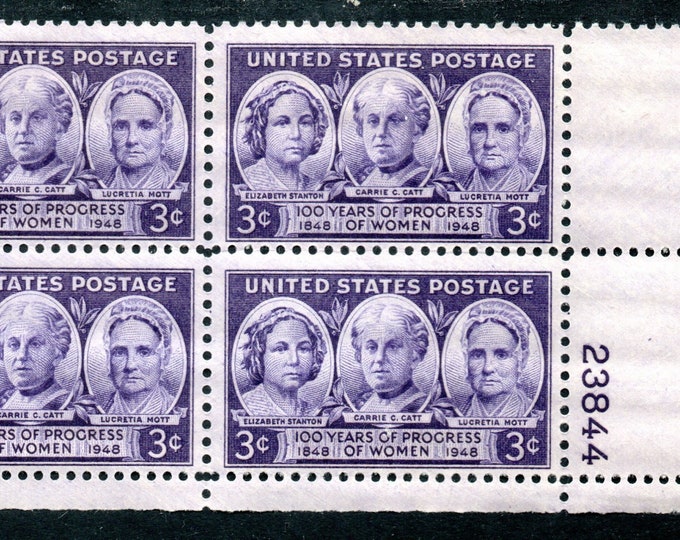 1948 100 Years of Progress of Women Plate Block of Four 3-Cent US Postage Stamps Mint Never Hinged