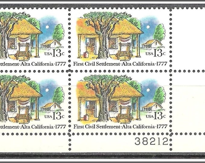 1977 First Civil Settlement Alta California Plate Block of Four 13-Cent US Postage Stamps Mint Never Hinged