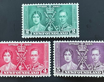 Coronation of King George VI Set of Three Newfoundland Postage Stamps Issued 1937