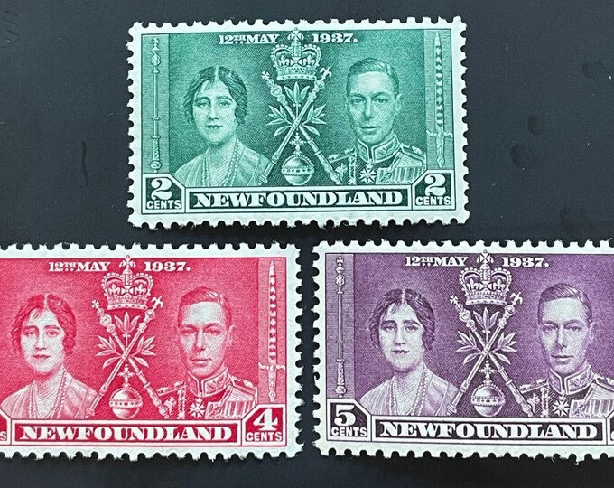 Coronation of King George VI Set of Three Newfoundland Postage Stamps Issued 1937