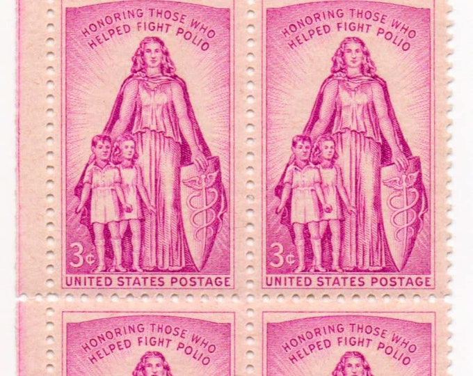 Polio Plate Block of Four 3-Cent United States Postage Stamps Issued 1957