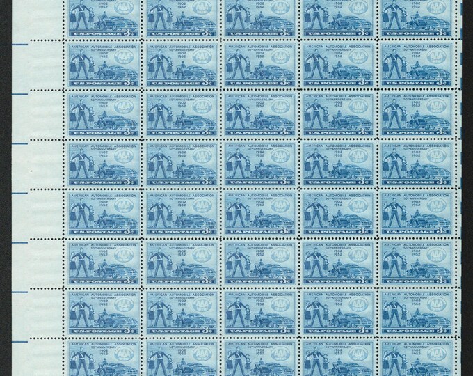 American Automobile Association Sheet of Fifty 3-Cent United States Postage Stamps Issued 1952
