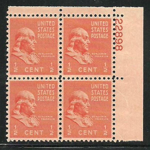 1938 Benjamin Franklin Plate Block of Four Half-Cent United States Postage Stamps