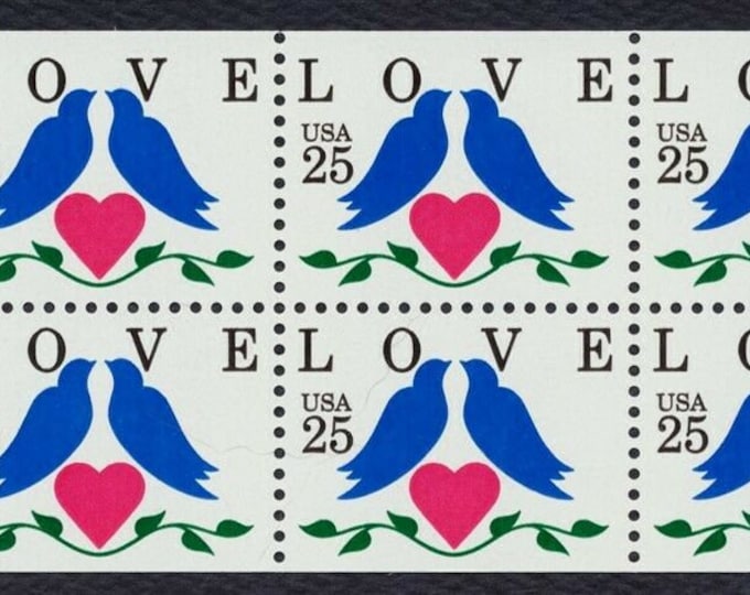 Love Birds Booklet Pane of Ten 25-Cent United States Postage Stamps Issued 1990