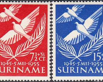 Doves of Peace Set of Two Suriname Postage Stamps Issued 1955