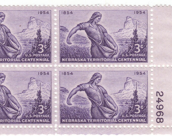 Nebraska Territory Plate Block of Four 3-Cent United States Postage Stamps Issued 1954