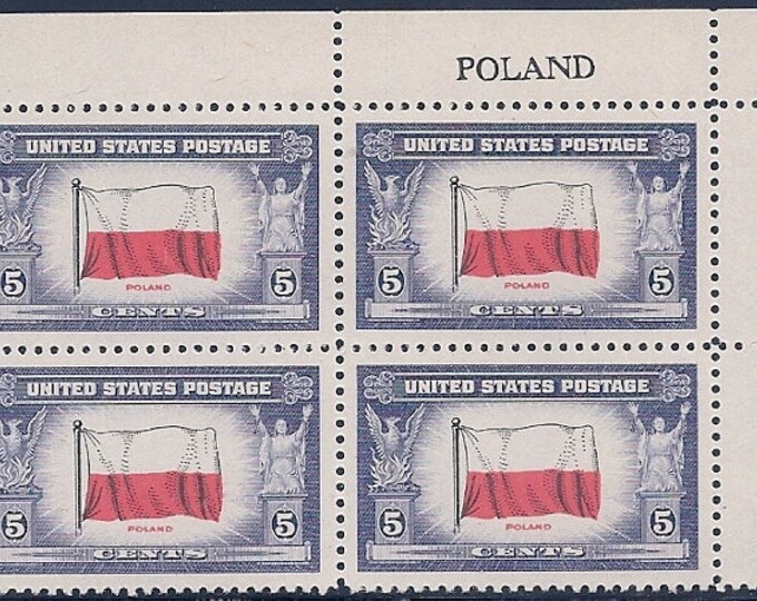 Flag of Poland Plate Block of Four 5-Cent United States Postage Stamps Issued 1943