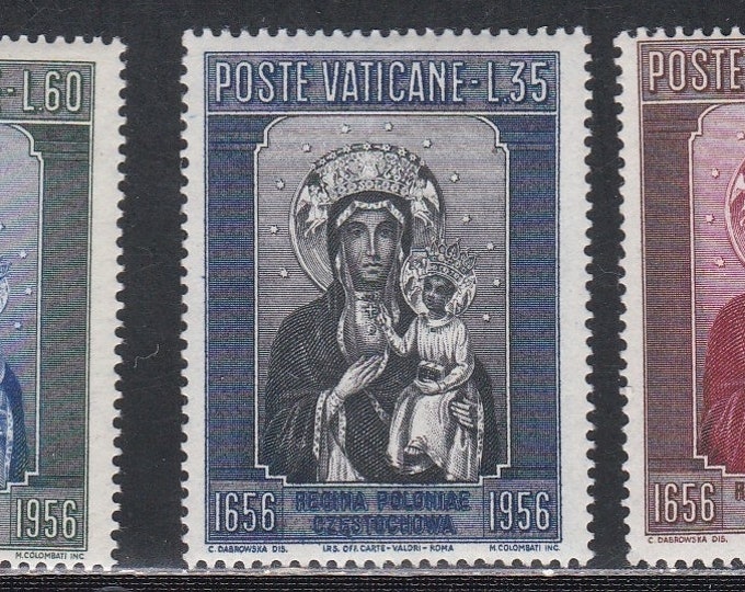 1956 Black Madonna of Czestochowa Poland Set of Three Vatican City Postage Stamps Mint Never Hinged