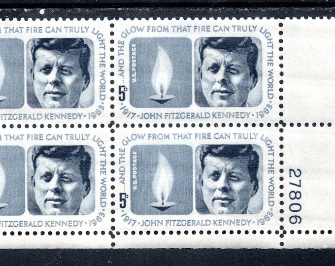 1964 Kennedy Memorial Plate Block of Four 5-Cent US Postage Stamps Mint Never Hinged